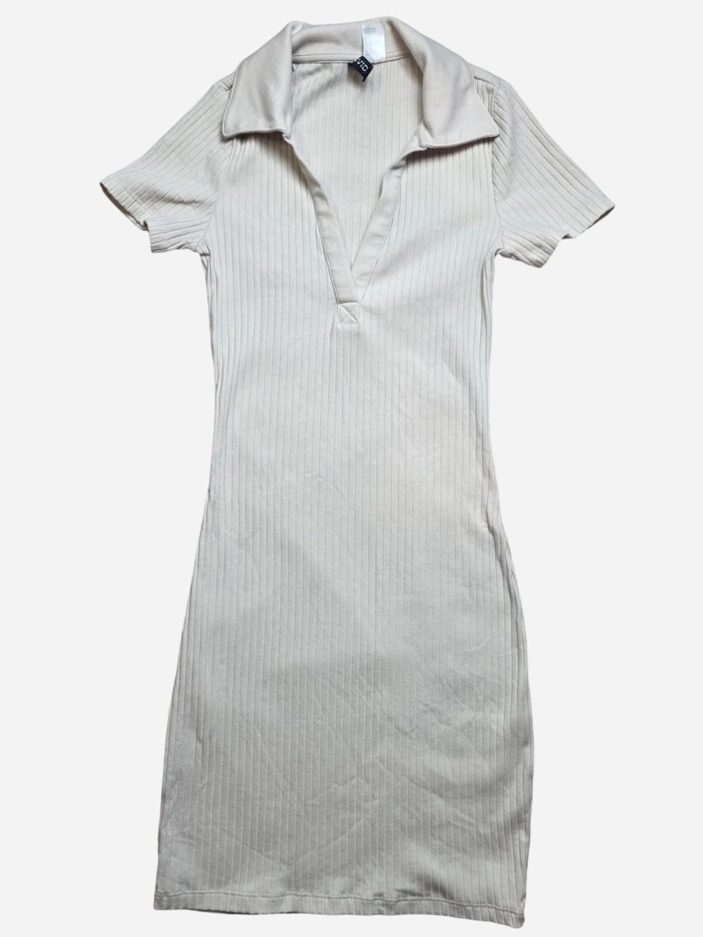H&M Cream Ribbed Collared Midi Dress